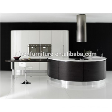 Timber veneer mixed lacquer round shape design high quality kitchen cabinet